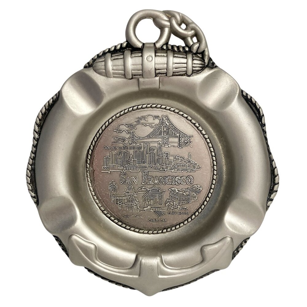 Vtg San Francisco Souvenir Ashtray Metal Golden Gate Chinatown Cable Cars Cliff